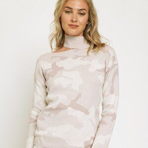 MYSTREE Pink Camo Print Choker Sweater Long Sleeve Cutout Knit Top